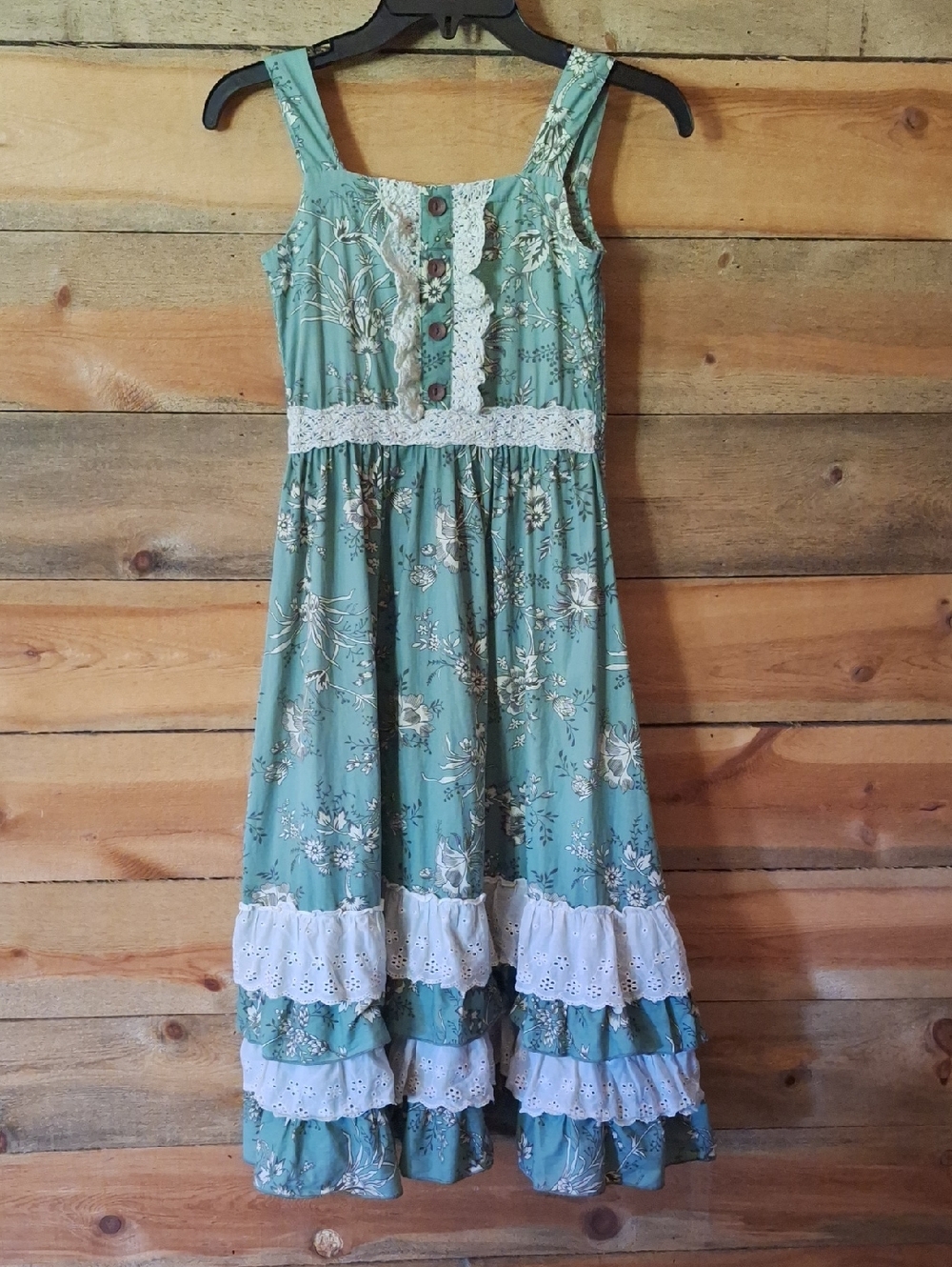 Mustard Pie Sage Green Floral Sundress with White Eyelet Ruffles